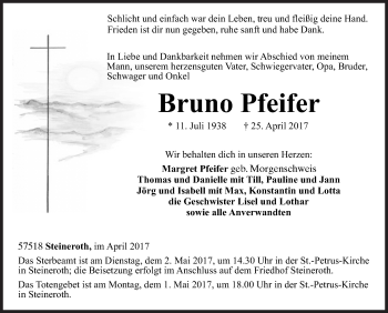 Traueranzeige von Bruno Pfeifer von Siegener Zeitung