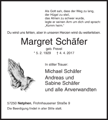 Traueranzeige von Margret Schäfer von Siegener Zeitung