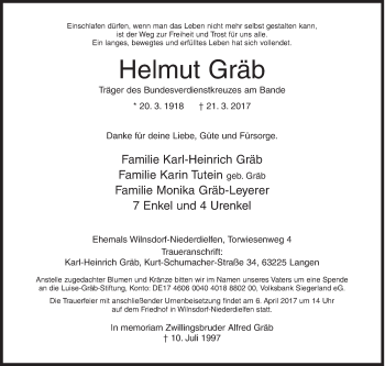 Traueranzeige von Helmut Gräb von Siegener Zeitung