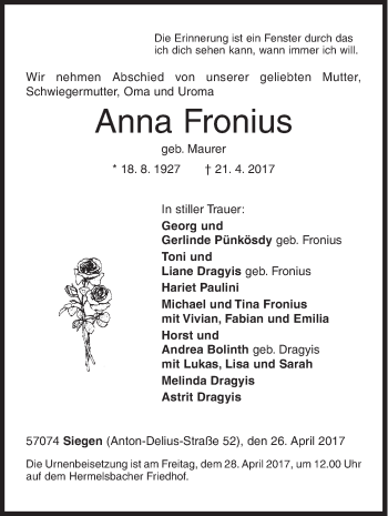 Traueranzeige von Anna Fronius von Siegener Zeitung