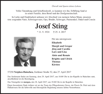 Traueranzeige von Josef Sting von Siegener Zeitung