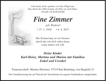 Traueranzeige von Fine Zimmer von Siegener Zeitung