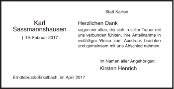 Traueranzeige von Karl Sassmannshausen von Siegener Zeitung