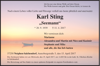 Traueranzeige von Karl Sting von Siegener Zeitung
