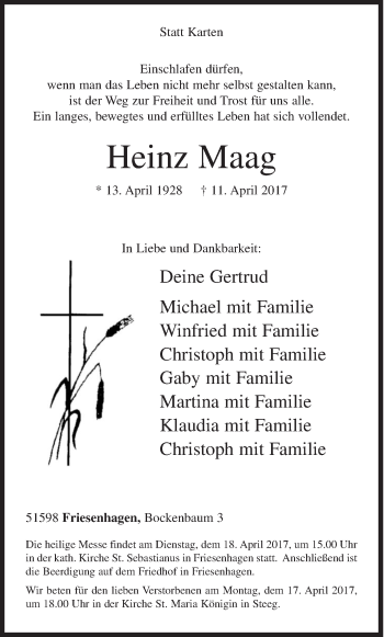 Traueranzeige von Heinz Maag von Siegener Zeitung