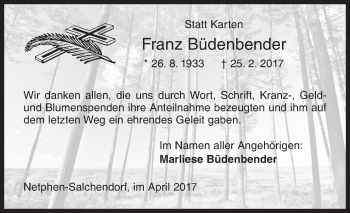 Traueranzeige von Franz Büdenbender von Siegener Zeitung