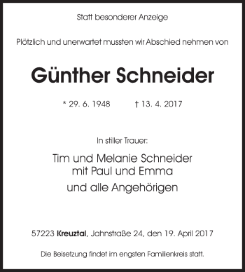 Traueranzeige von Günther Schneider von Siegener Zeitung