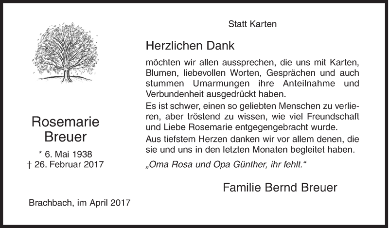  Traueranzeige für Rosemarie Breuer vom 22.04.2017 aus Siegener Zeitung