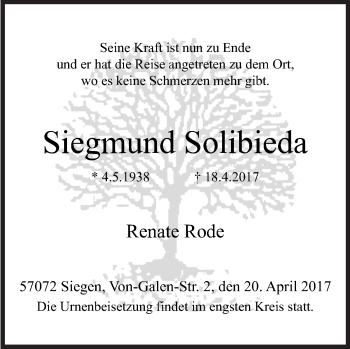 Traueranzeige von Siegmund Solibieda von Siegener Zeitung