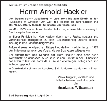 Traueranzeige von Arnold Hackler von Siegener Zeitung