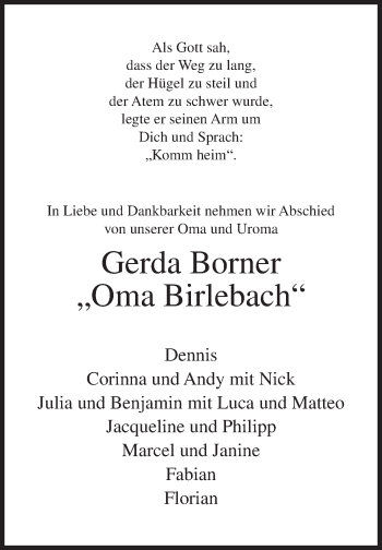 Traueranzeige von Gerda Borner von Siegener Zeitung