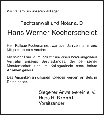 Traueranzeige von Hans Werner Kocherscheidt von Siegener Zeitung