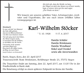 Traueranzeige von Karl-Wilhelm Stöcker von Siegener Zeitung