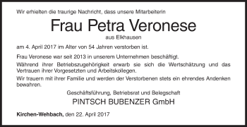 Traueranzeige von Petra Veronese von Siegener Zeitung