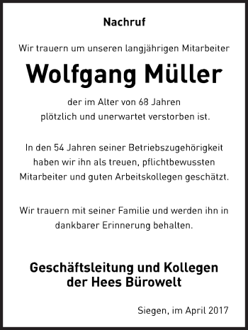 Traueranzeige von Wolfgang Müller von Siegener Zeitung