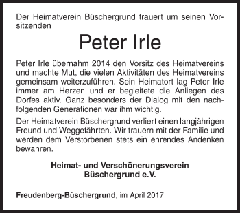 Traueranzeige von Peter Irle von Siegener Zeitung