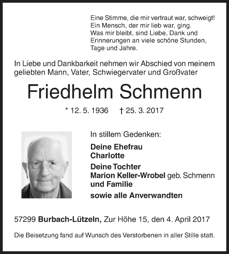 Traueranzeige für Friedhelm Schmenn vom 04.04.2017 aus Siegener Zeitung