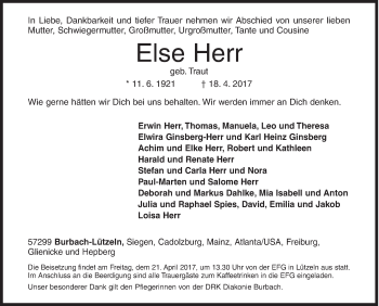 Traueranzeige von Else Herr von Siegener Zeitung