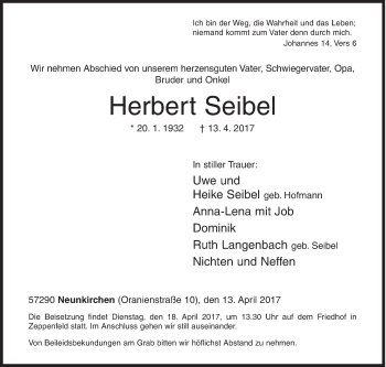 Traueranzeige von Herbert Seibel von Siegener Zeitung