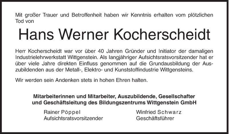  Traueranzeige für Hans Werner Kocherscheidt vom 18.04.2017 aus Siegener Zeitung