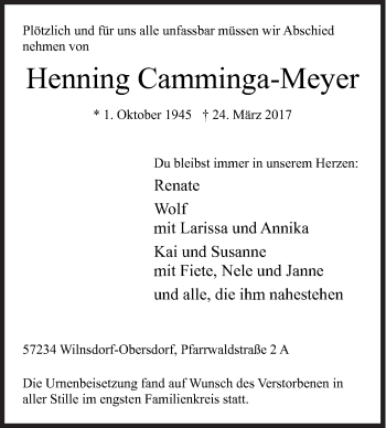 Traueranzeige von Henning Camminga-Meyer von Siegener Zeitung