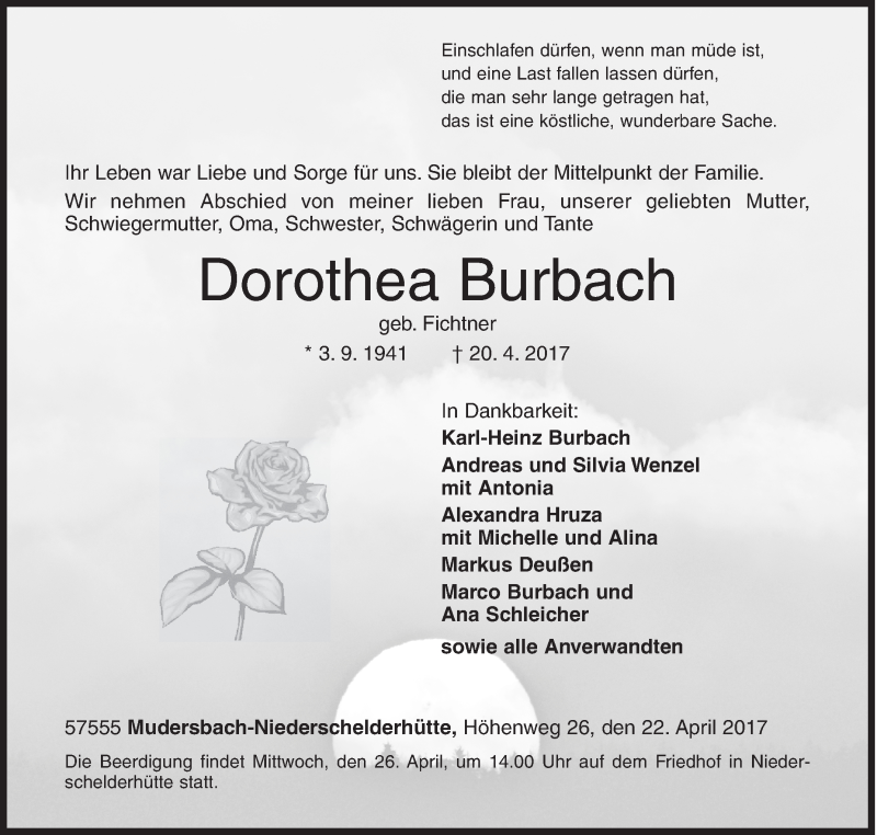  Traueranzeige für Dorothea Burbach vom 22.04.2017 aus Siegener Zeitung