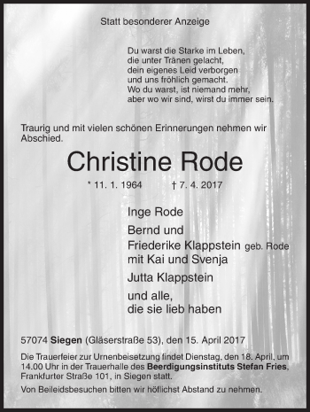 Traueranzeige von Christine Rode von Siegener Zeitung