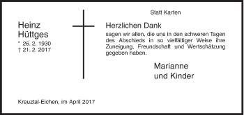 Traueranzeige von Heinz Hüttges von Siegener Zeitung