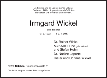 Traueranzeige von Irmgard Wickel von Siegener Zeitung