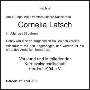 Traueranzeige von Cornelia Latsch von Siegener Zeitung