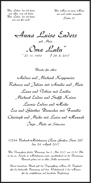 Traueranzeige von Anna Luisa Enders von Siegener Zeitung