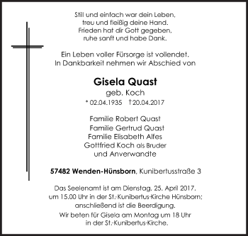Traueranzeige von Gisela Quast von Siegener Zeitung