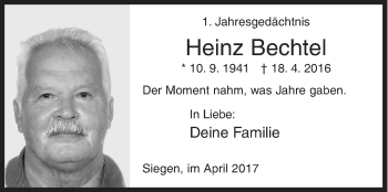 Traueranzeige von Heinz Bechtel von Siegener Zeitung