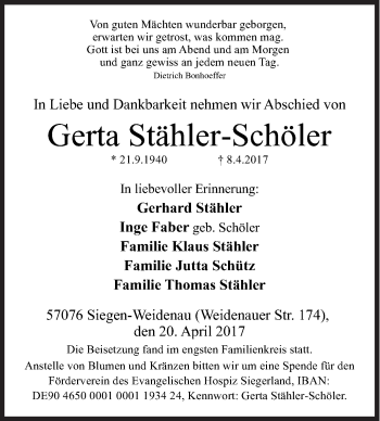Traueranzeige von Gerta Stähler-Schöler von Siegener Zeitung