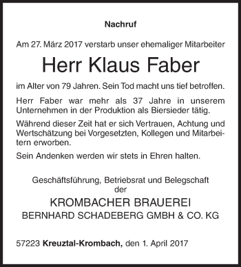 Traueranzeige von Klaus Faber von Siegener Zeitung