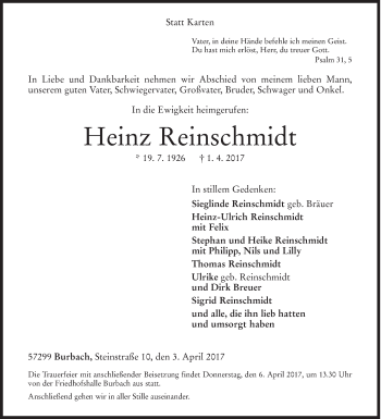 Traueranzeige von Heinz Reinschmidt von Siegener Zeitung