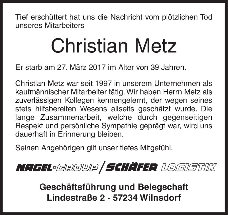  Traueranzeige für Christian Metz vom 08.04.2017 aus Siegener Zeitung