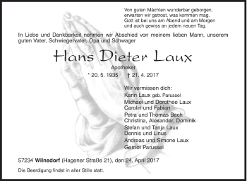 Traueranzeige von Hans Dieter Laux von Siegener Zeitung