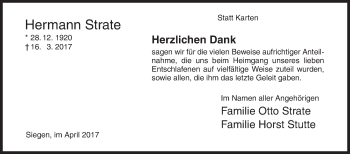 Traueranzeige von Hermann Strate von Siegener Zeitung
