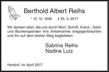 Traueranzeige von Berthold Albert Reihs von Siegener Zeitung