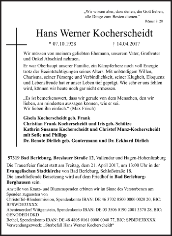 Traueranzeige von Hans Werner Kocherscheidt von Siegener Zeitung