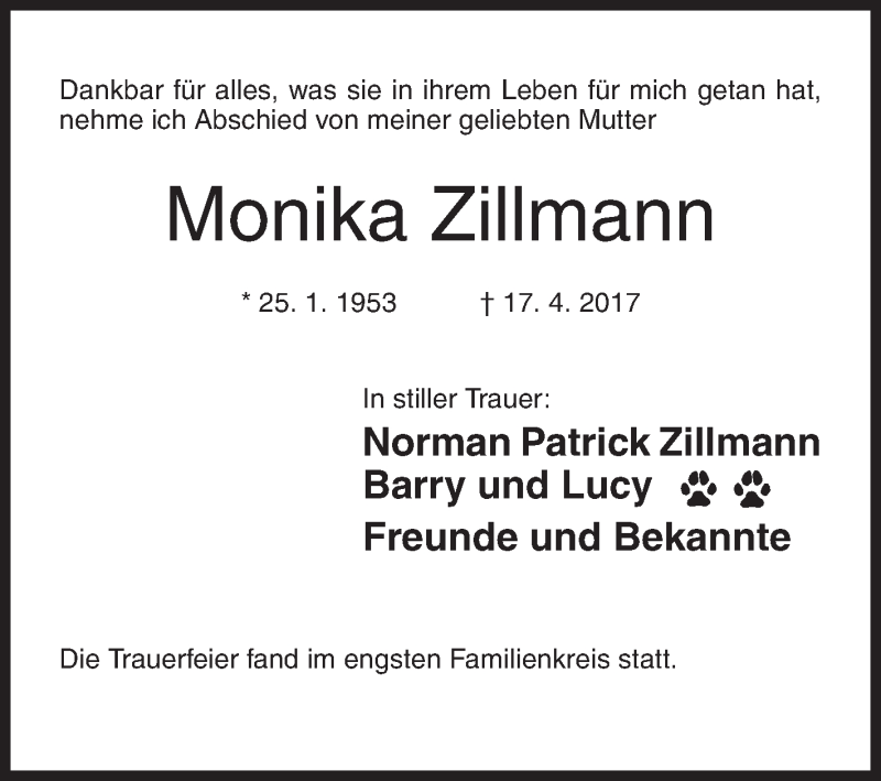  Traueranzeige für Monika Zillmann vom 26.04.2017 aus Siegener Zeitung