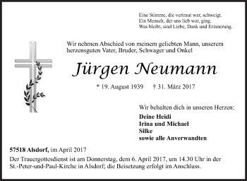 Traueranzeige von Jürgen Neumann von Siegener Zeitung