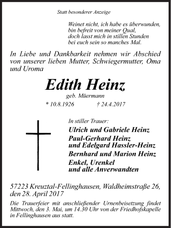 Traueranzeige von Edith Heinz von Siegener Zeitung