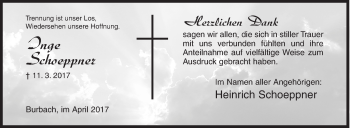 Traueranzeige von Inge Schoeppner von Siegener Zeitung