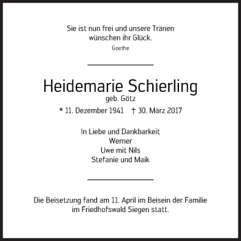 Traueranzeige von Heidemarie Schierling von Siegener Zeitung