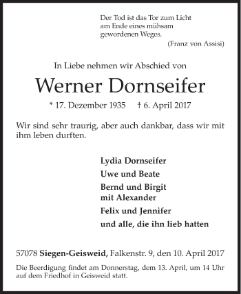 Traueranzeige von Werner Dornseifer von Siegener Zeitung