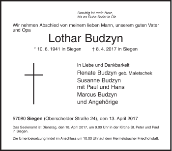 Traueranzeige von Lothar Budzyn von Siegener Zeitung