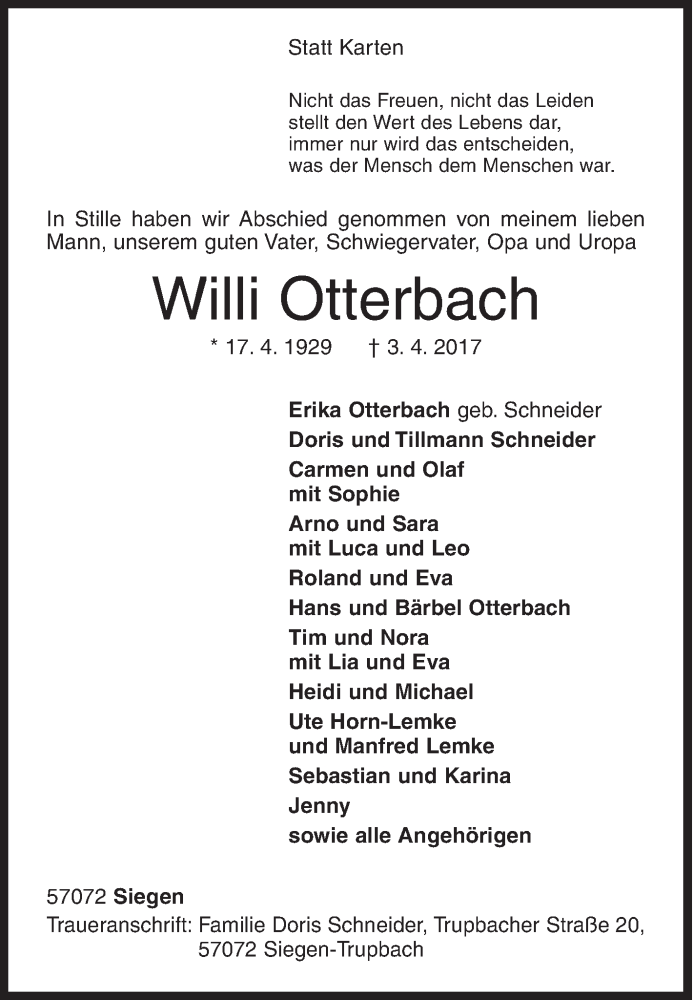  Traueranzeige für Willi Otterbach vom 08.04.2017 aus Siegener Zeitung