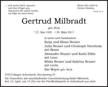 Traueranzeige von Gertrud Milbradt von Siegener Zeitung